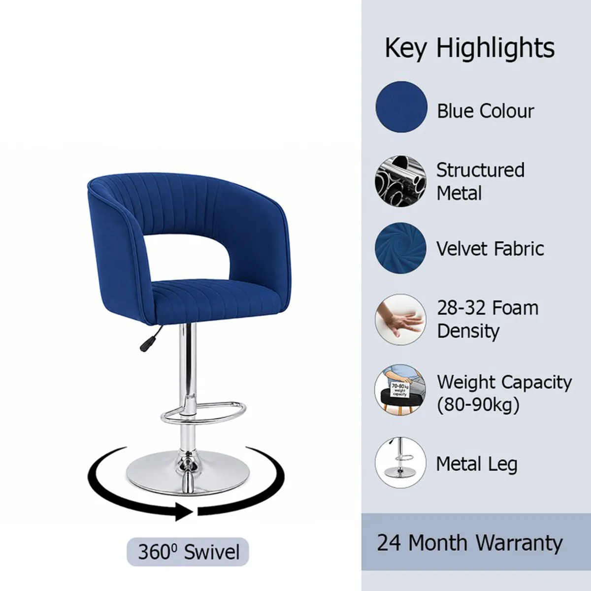 Blue upholstered bar chair with curved back and chrome base