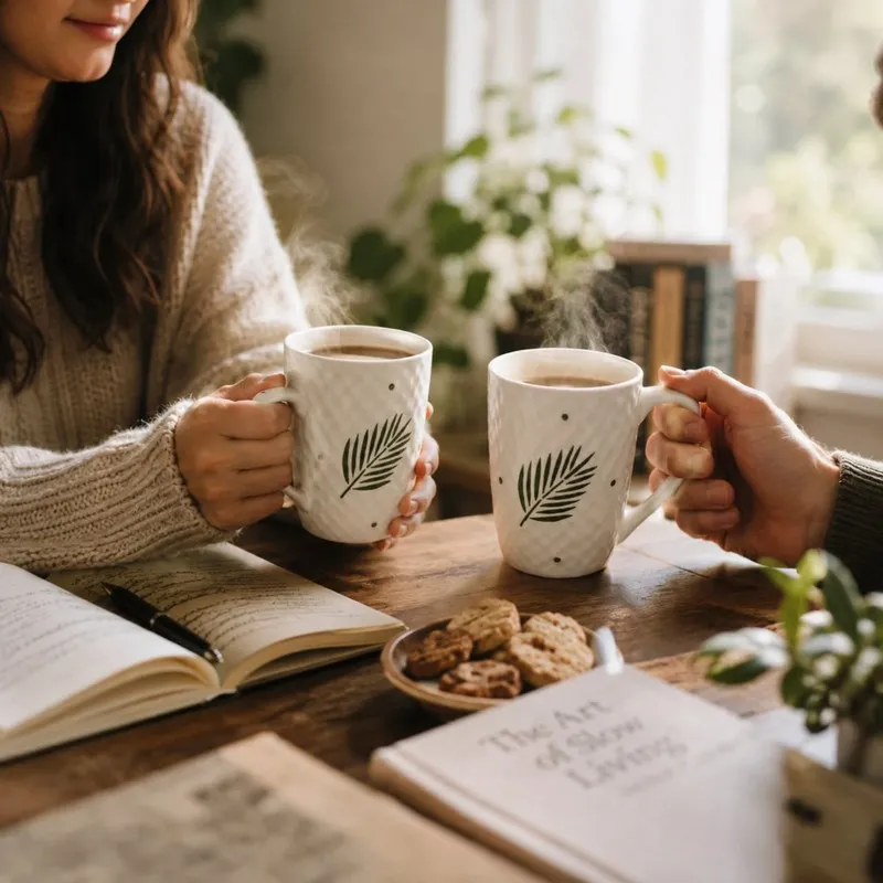 Two people holding white leaf-print mugs over a wooden table