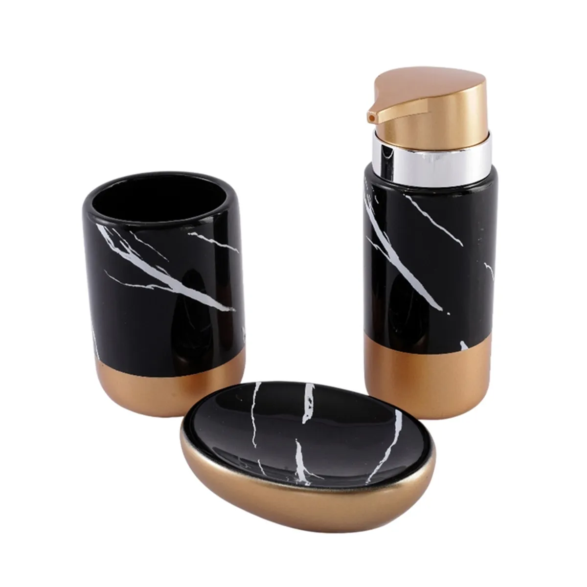 Black ceramic soap dish, dispenser and tumbler with white veining