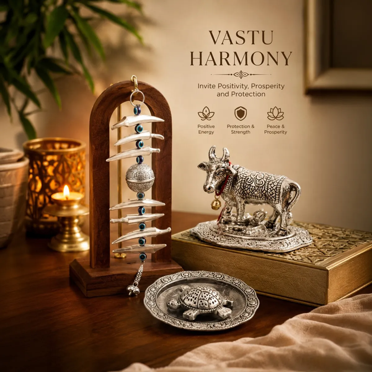 Silver cow idol, turtle plate and hanging décor styled in a warm home setting