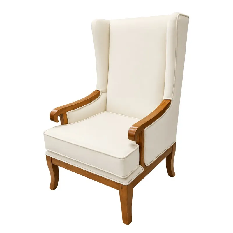 Angled view of a white lounge chair with teak wood frame