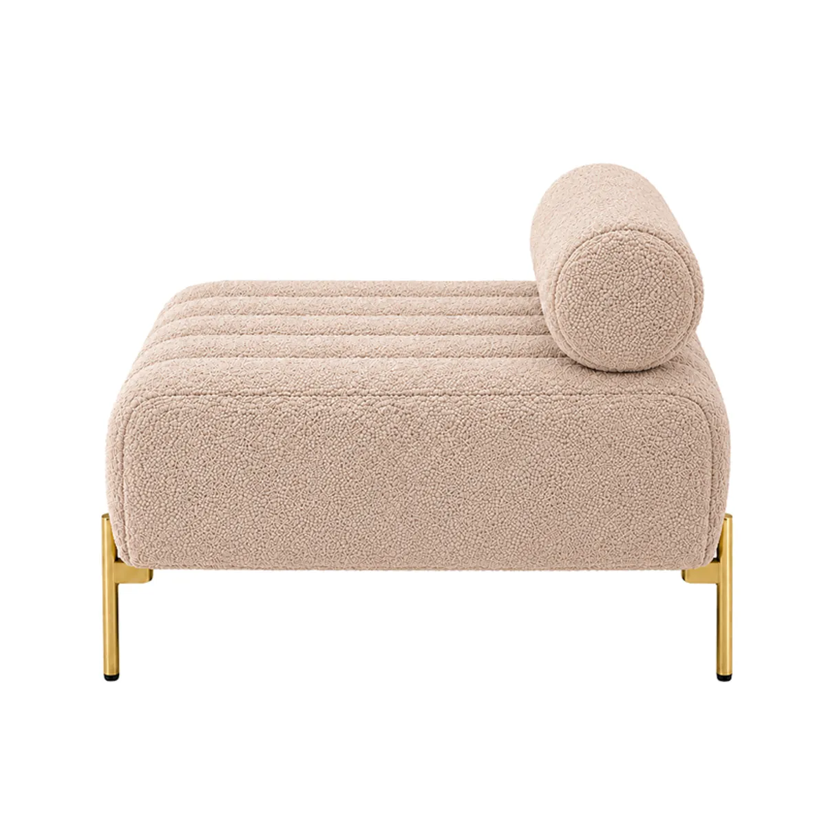Side view of the beige boucle bench showing its rounded upholstery and gold metal leg.