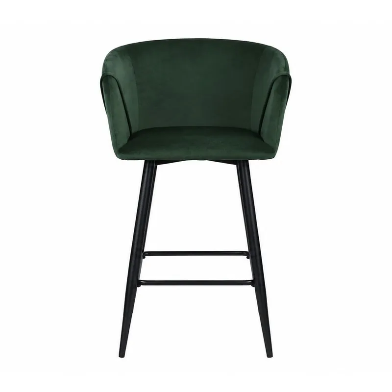 Front view of green velvet bar chair with black metal legs