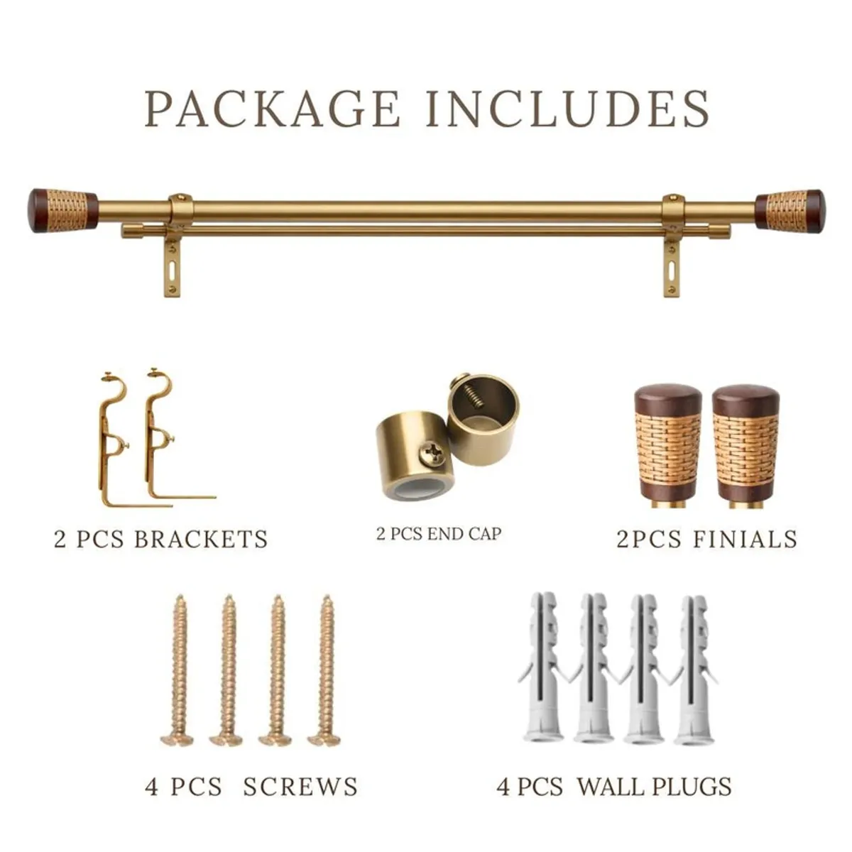 Four-piece curtain rod set shown with rod, brackets, finials, screws and wall plugs