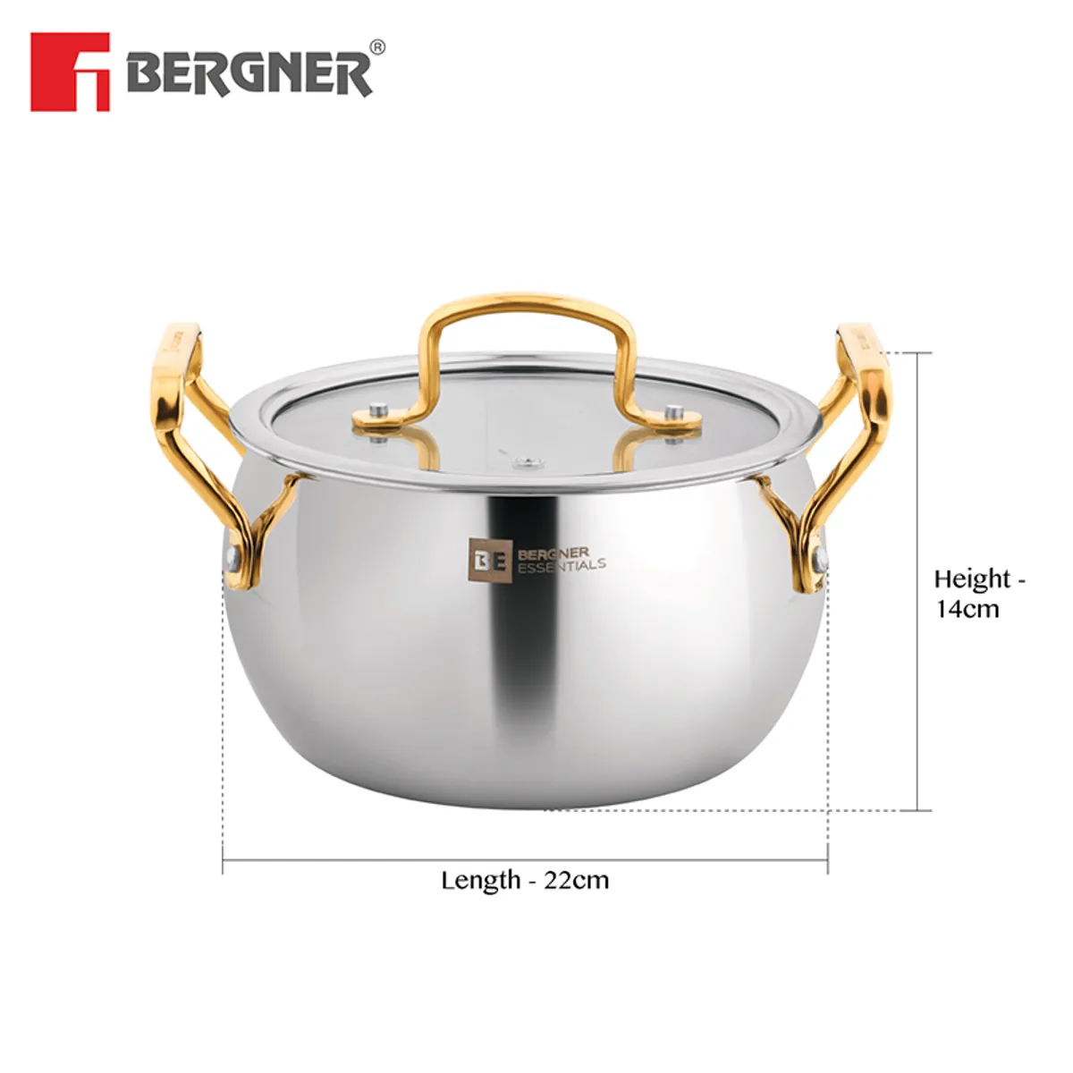 Front view of silver handi with lid and gold-toned handles