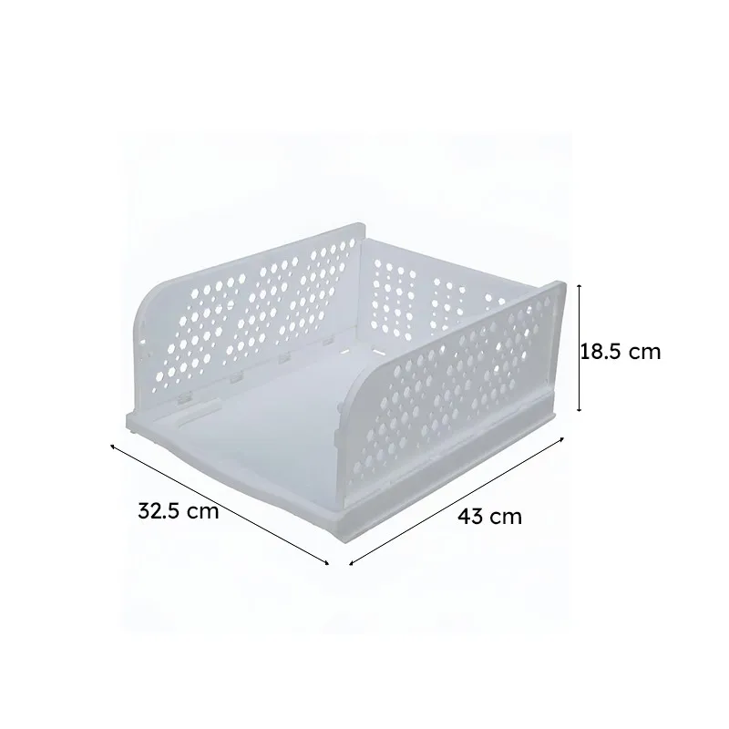 White perforated organiser with dimensions marked as 43 x 32.5 x 18.5 cm