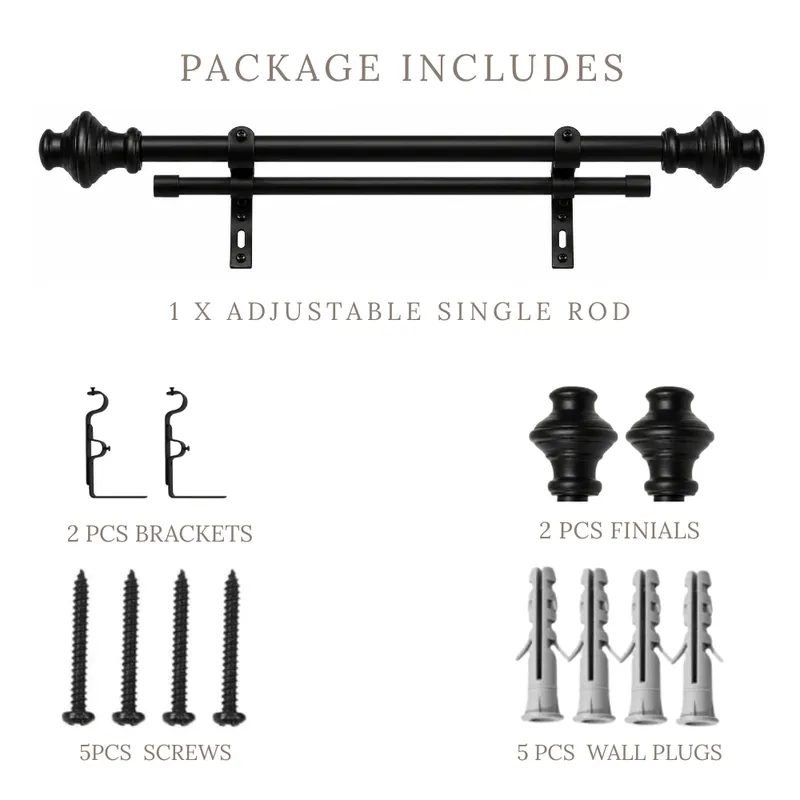 Black curtain rod set shown with two brackets, two finials and mounting hardware