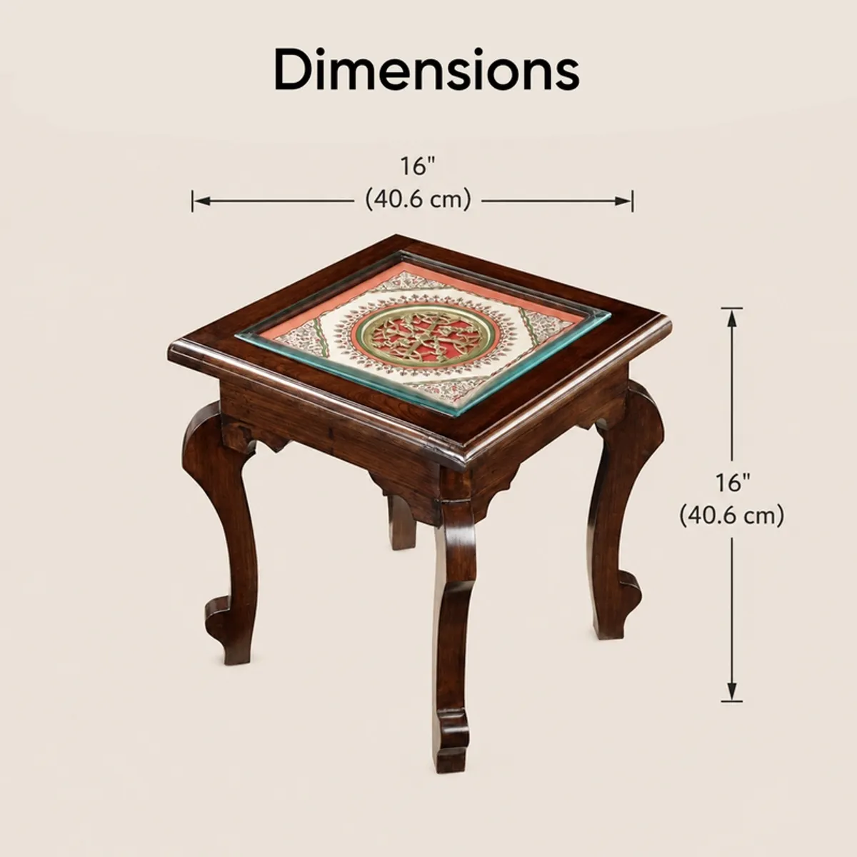 Brown square side table with dimension arrows showing 40.6 cm size