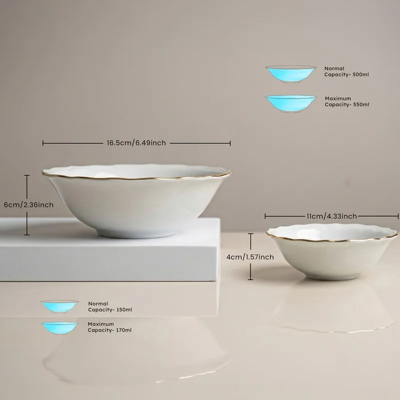 Two white bowls with gold rims shown side by side