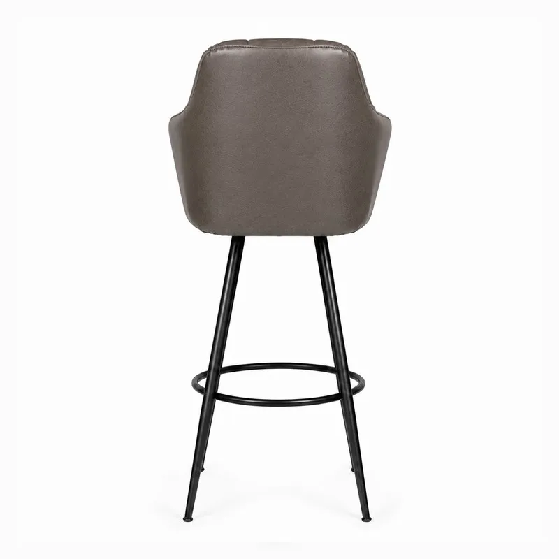 Back view of dark grey upholstered bar chair with black metal legs