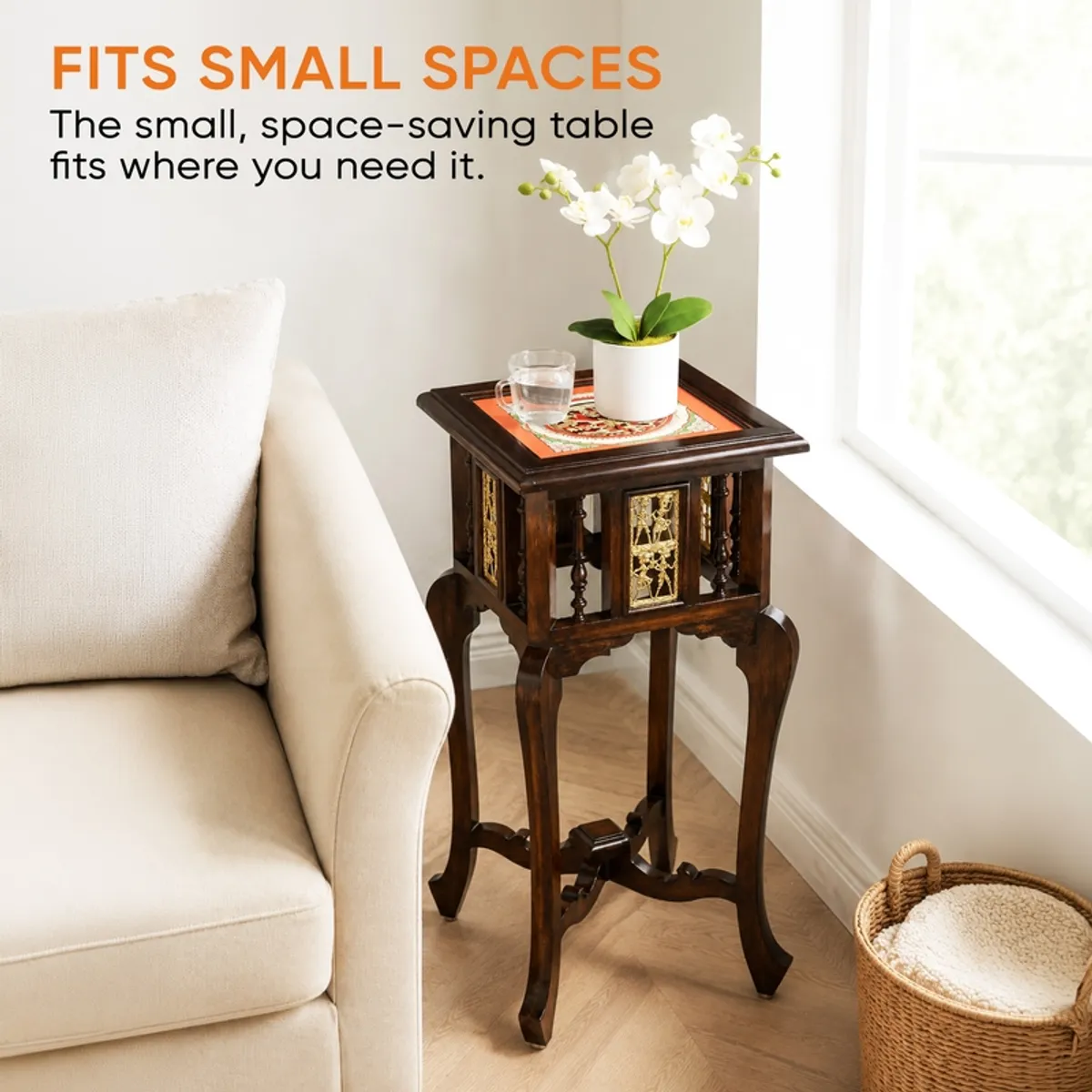 Brown square side table placed beside a light sofa in a bright living space.
