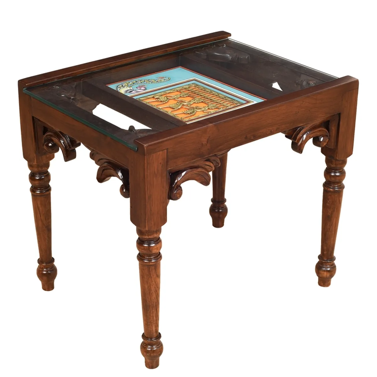 Studio view of brown teak wood side table with square top