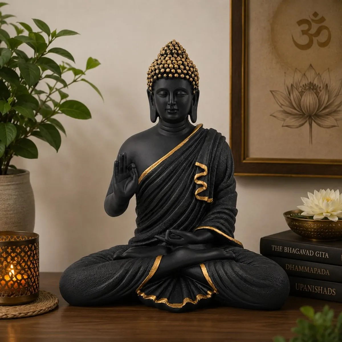 Glossy black and gold meditating Buddha idol displayed on a wooden table