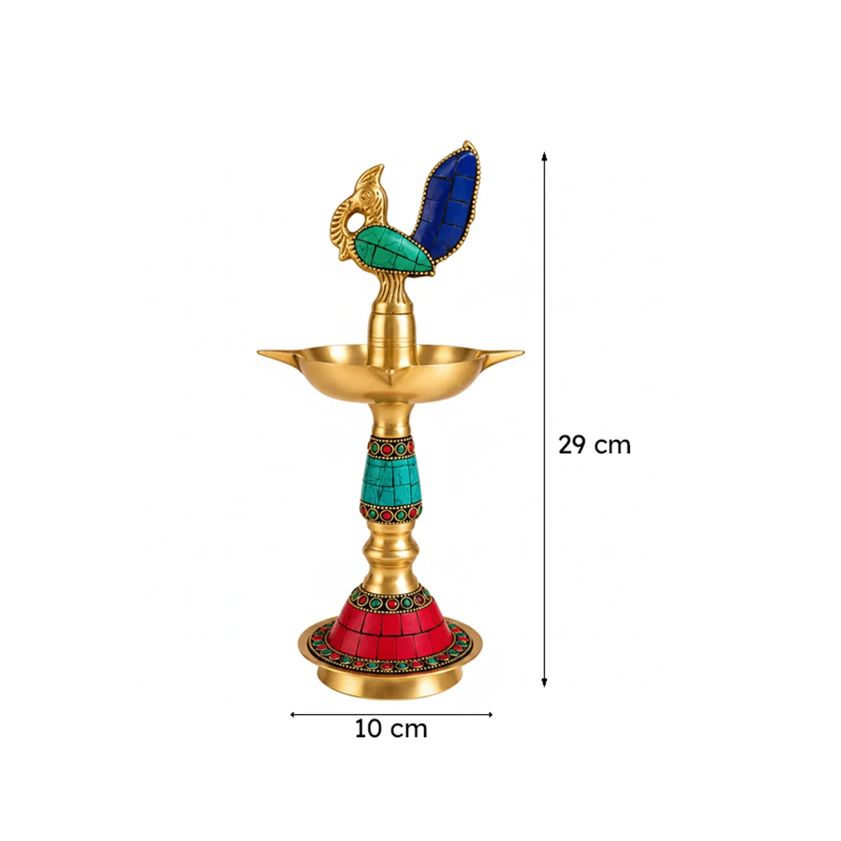 Brass diya shown with height and base measurements on a white background