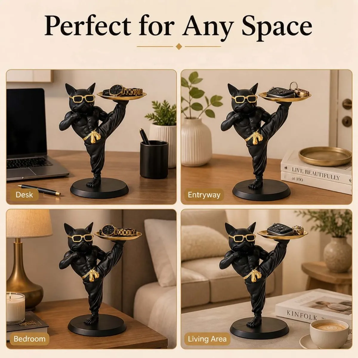 Black bulldog accent tray styled in a desk, entryway, bedroom and living area
