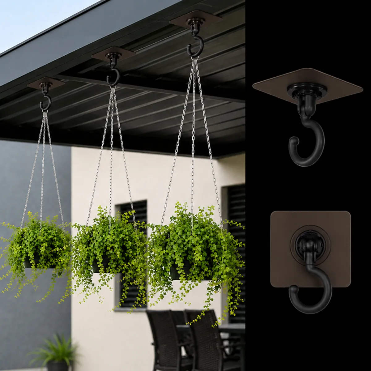 Black swivel hooks suspending hanging planters under a roof with close-up views