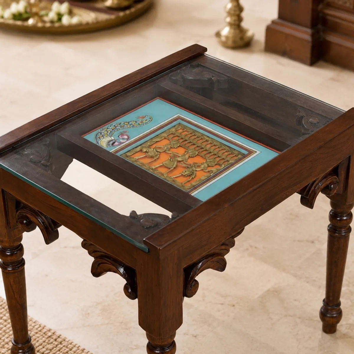 Close-up of the square tabletop and brown wooden frame