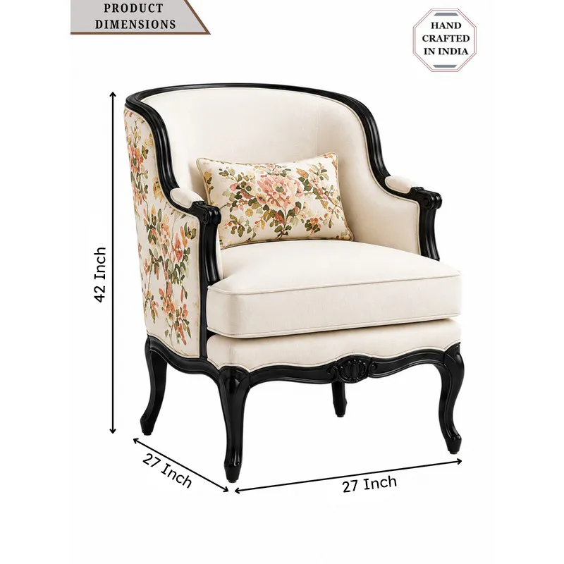 Accent chair with off-white upholstery, black frame and floral side panels