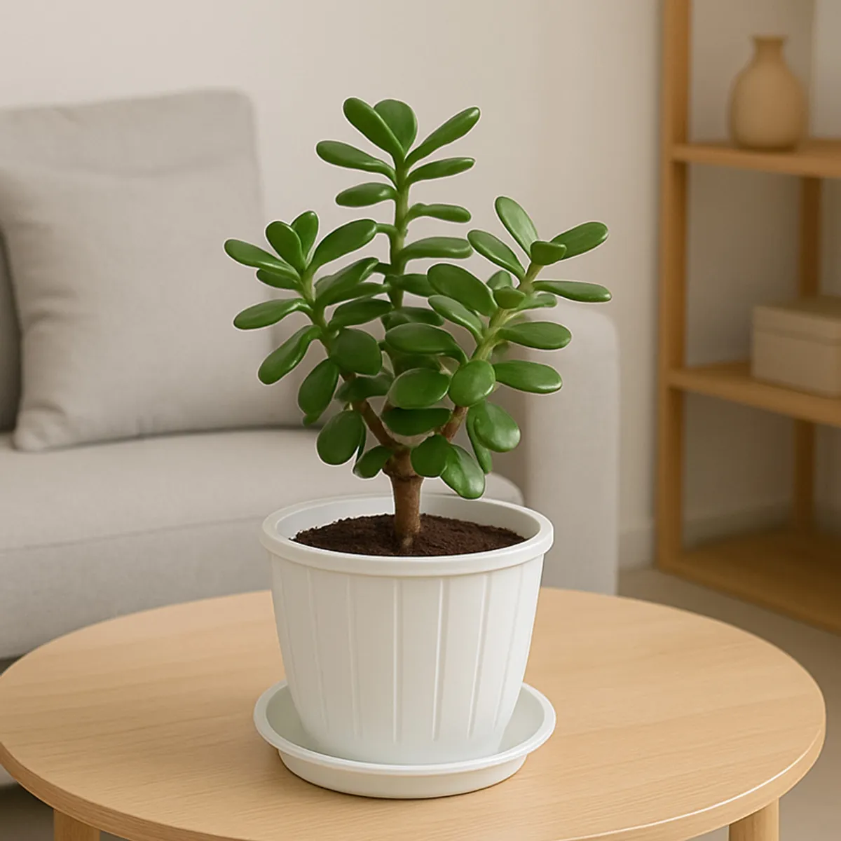 White planter with a leafy green plant displayed on a round wooden table