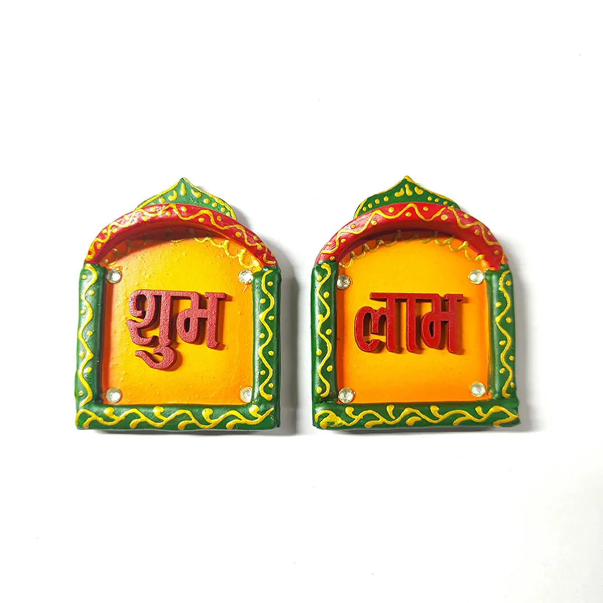 Set of two yellow jharokha-style Shubh Laabh wall accents on white background