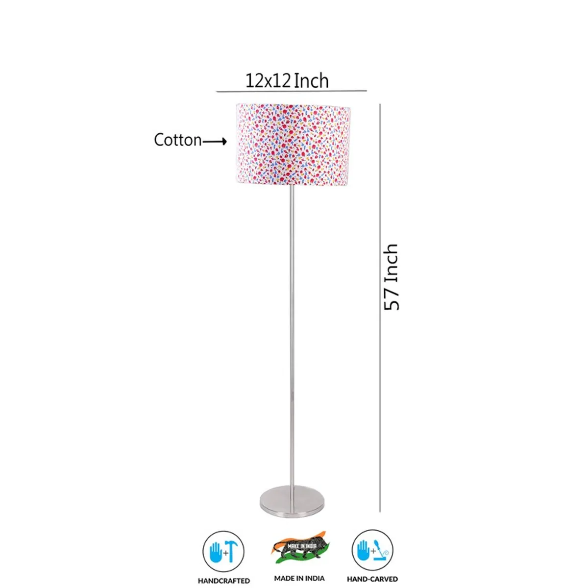 Floor lamp with multicolour drum shade and round steel base shown in a measurement-style product graphic