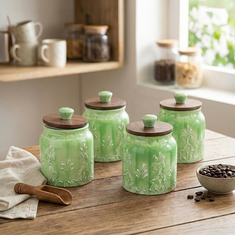 Green Keepers Ceramic Jars with Wodden lid (390 mL Each) - Set of Four