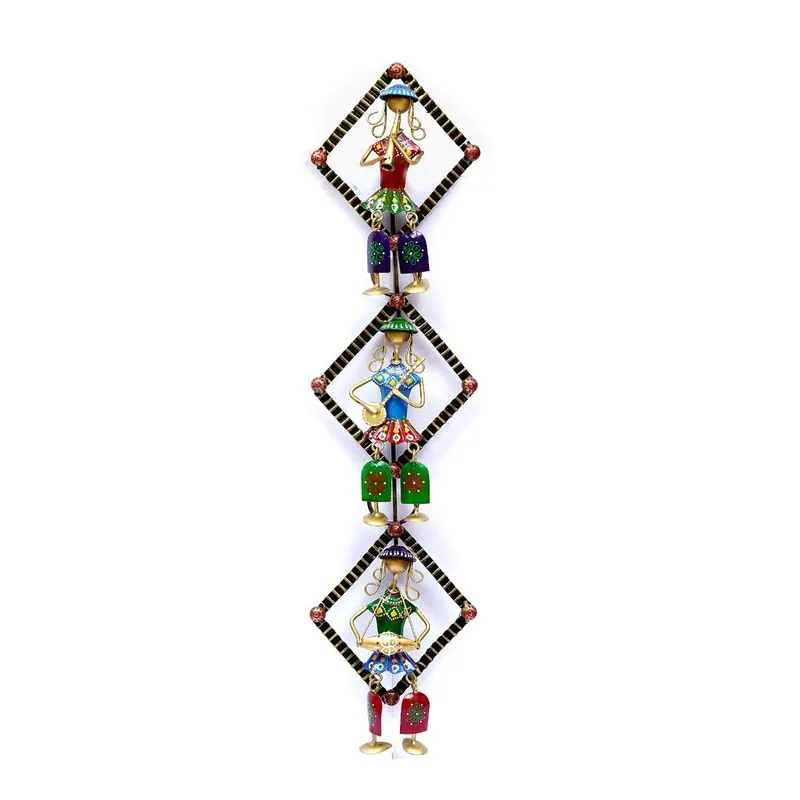 Front view of a multicolour metal wall accent with three figurative motifs in diamond frames