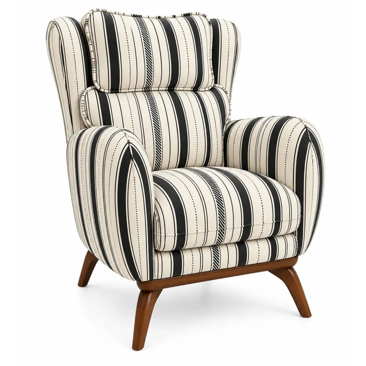 Angled view of a striped lounge chair with rounded arms