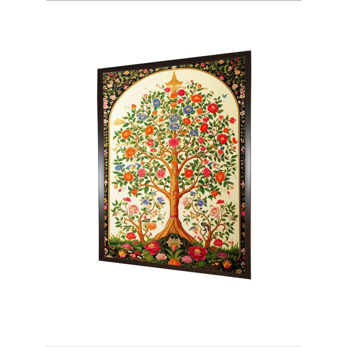 Angled view of rectangular framed floral tree canvas wall painting