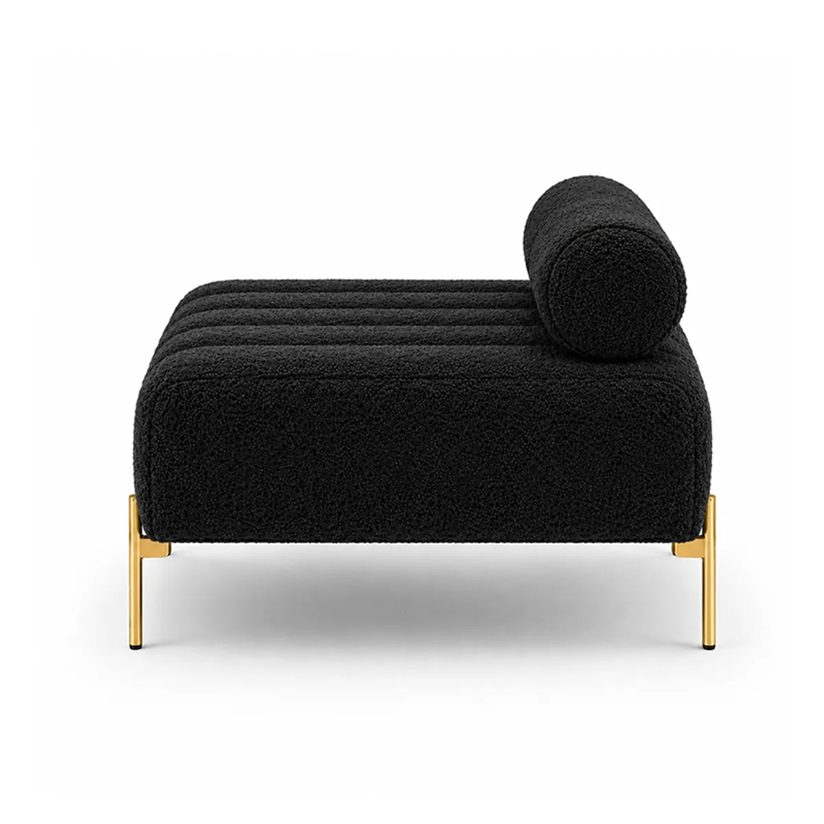 Side view of the black textured bench with a cylindrical backrest and gold-tone legs
