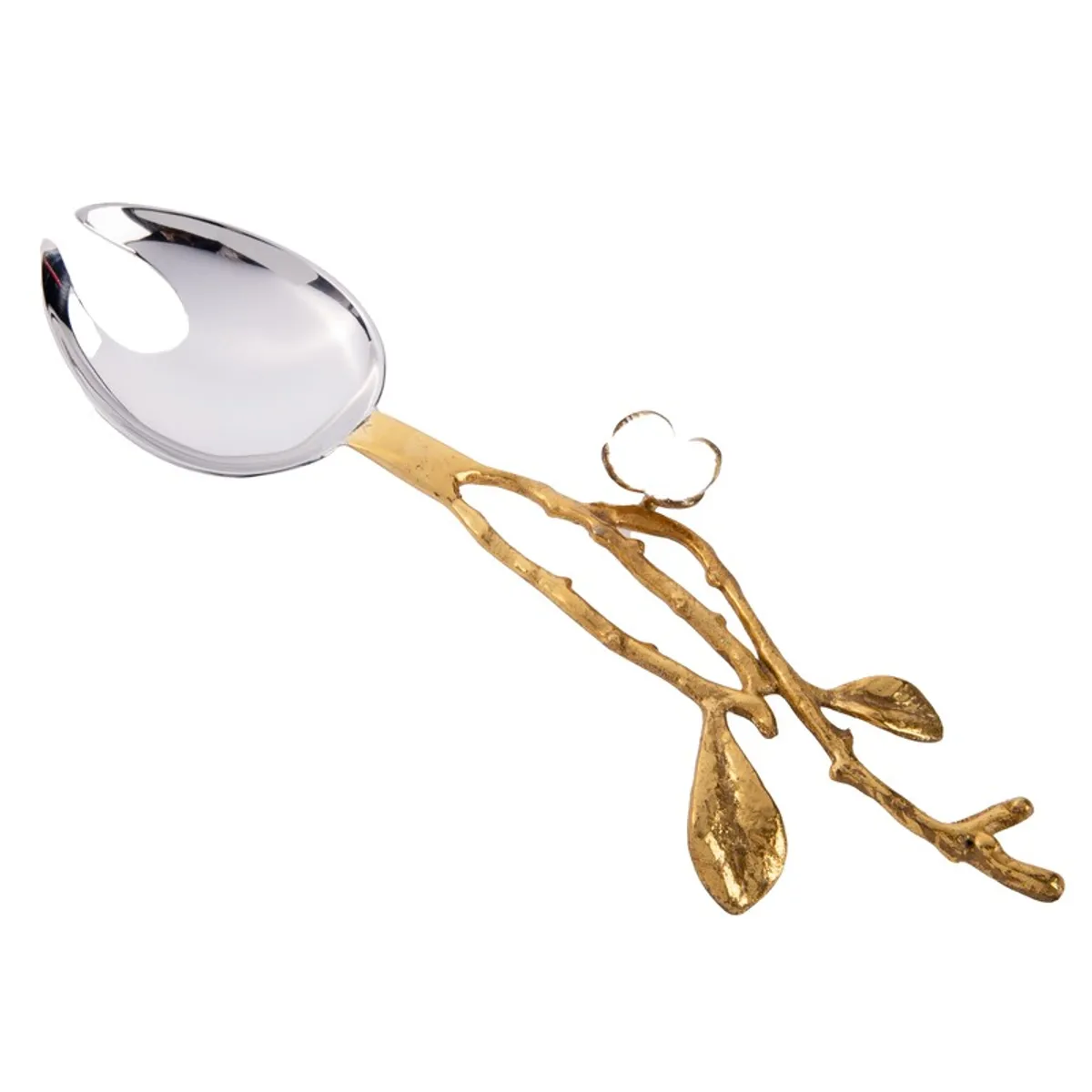Close-up of a salad fork with a glossy silver bowl and gold branch handle