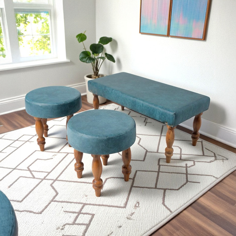 Dexon Sheesham Wooden Stools (Blue) - Three Piece Set