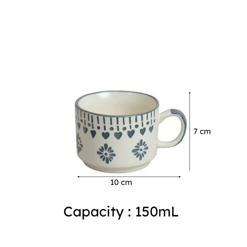 Single white tea cup with blue motif and printed capacity graphic