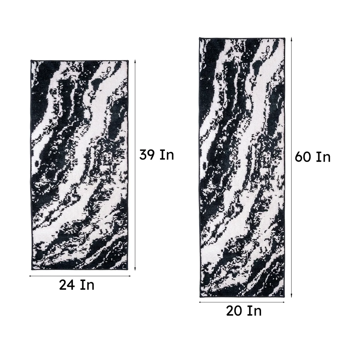 Two size options of the black and white runner rug shown side by side.