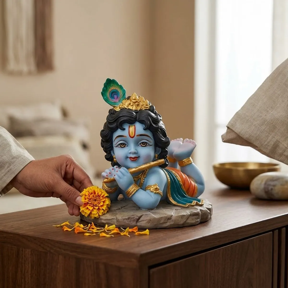 Gopal idol displayed with flowers on a wooden cabinet