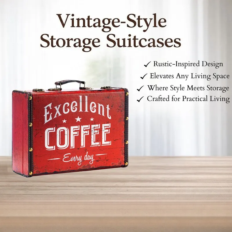 Red vintage-style storage box displayed against a light background with rustic décor text