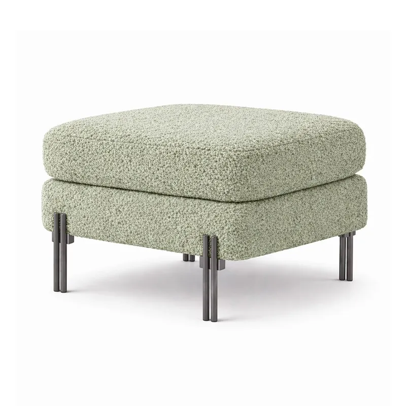 Sage-green textured square ottoman with black metal legs on white background