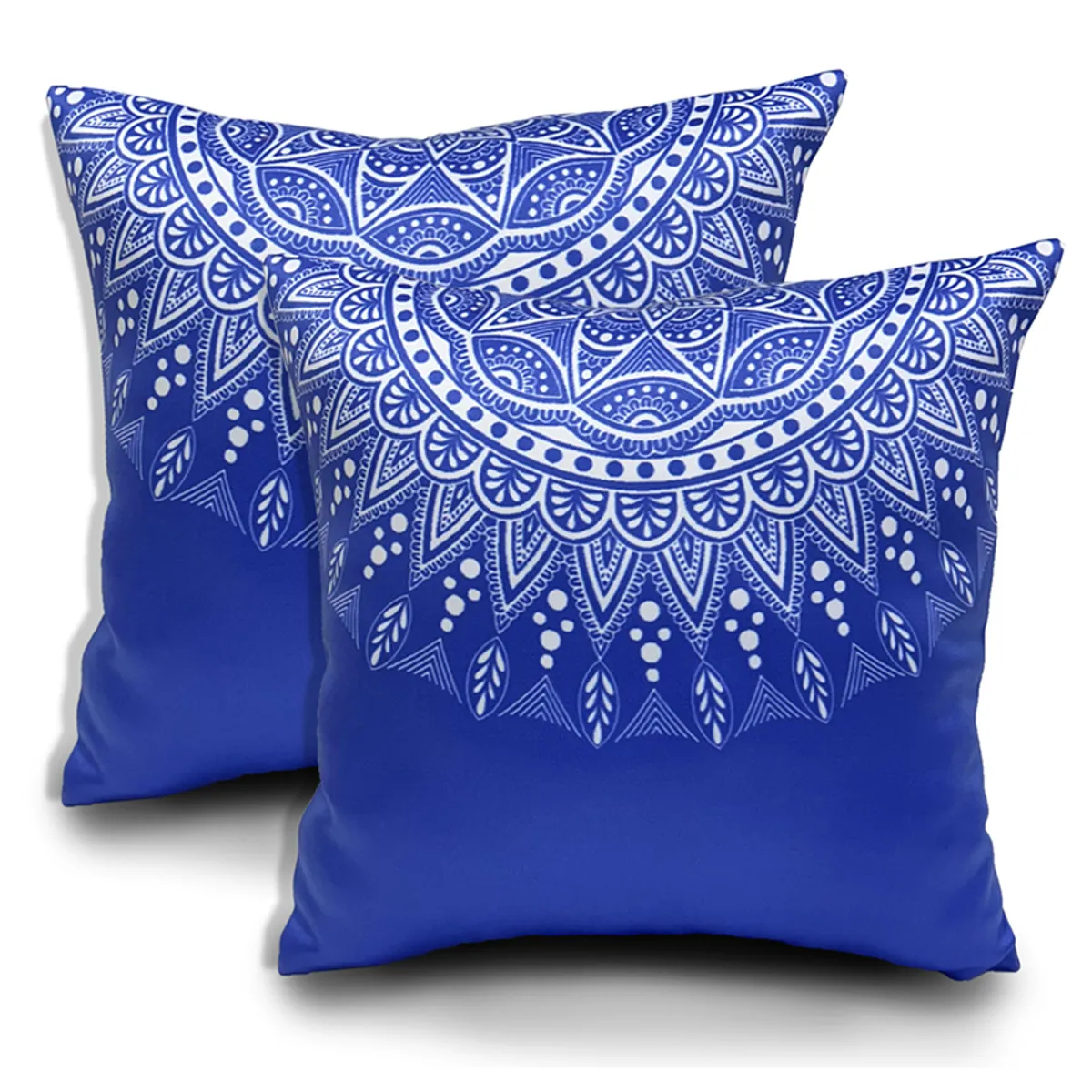 Two blue square cushion covers with white mandala designs on a white background