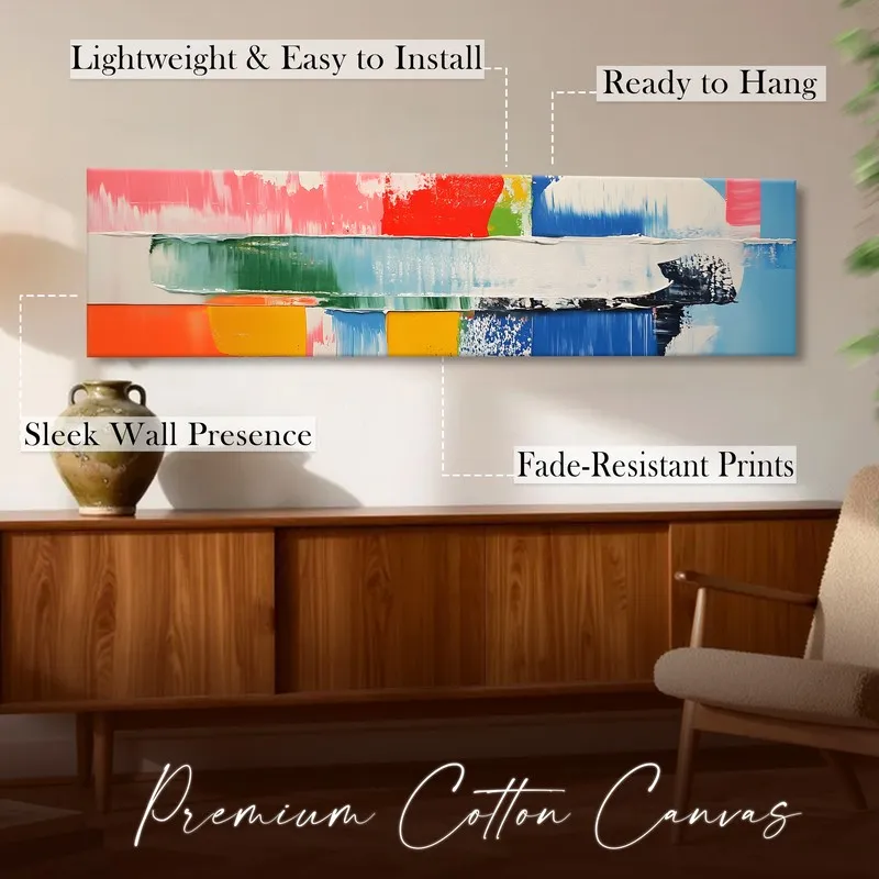 Abstract multicolour rectangular canvas wall art shown on a console wall