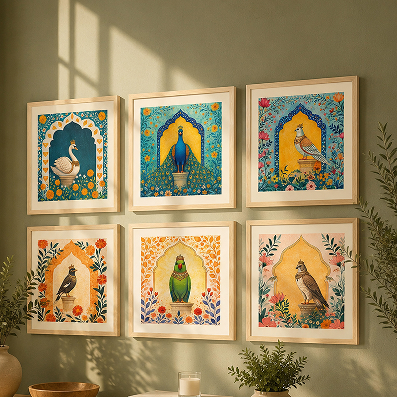 Ornate Garden Birds Paper Wall Painting With Frame - Set Of Six