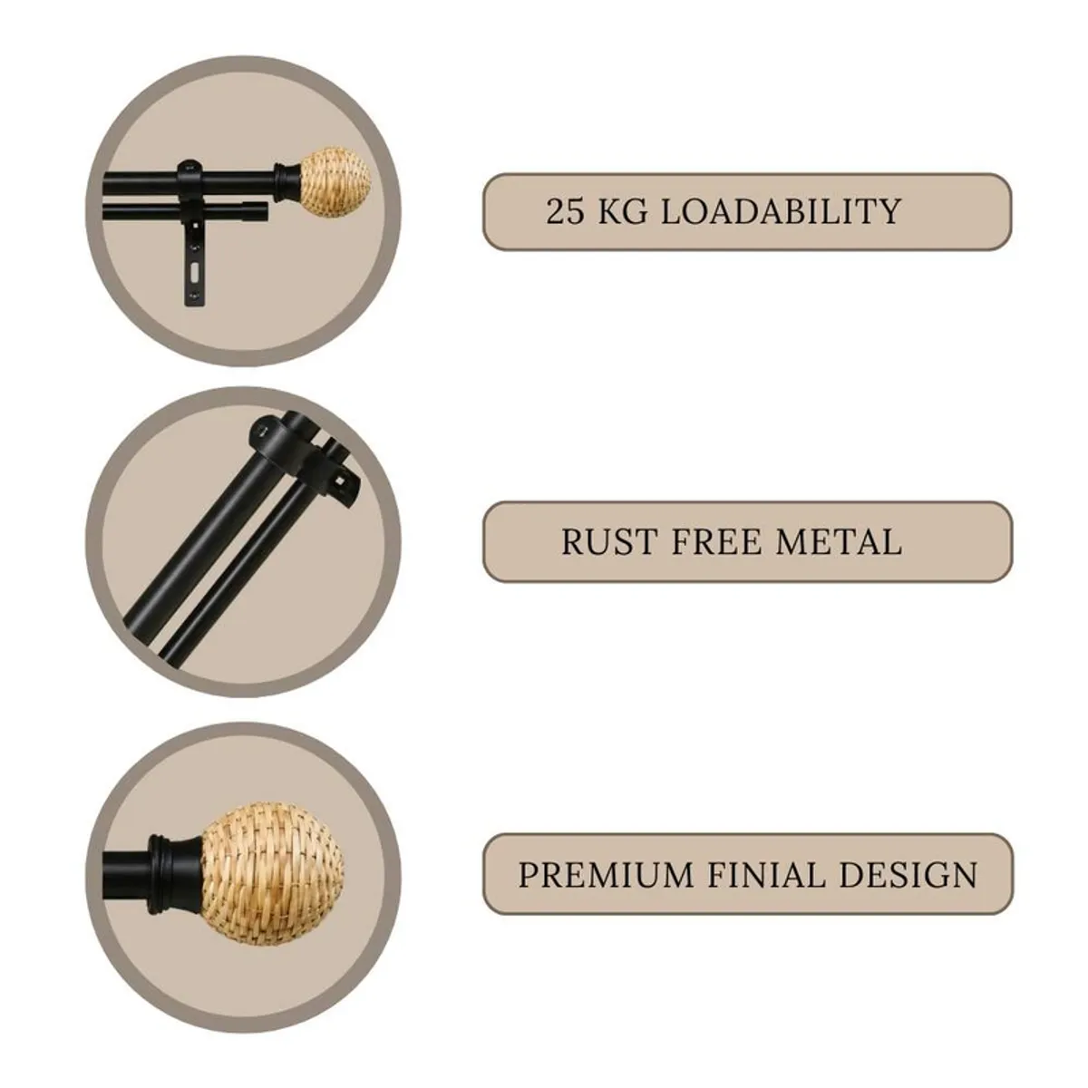 Close-up views of black double rod and woven rattan finial details