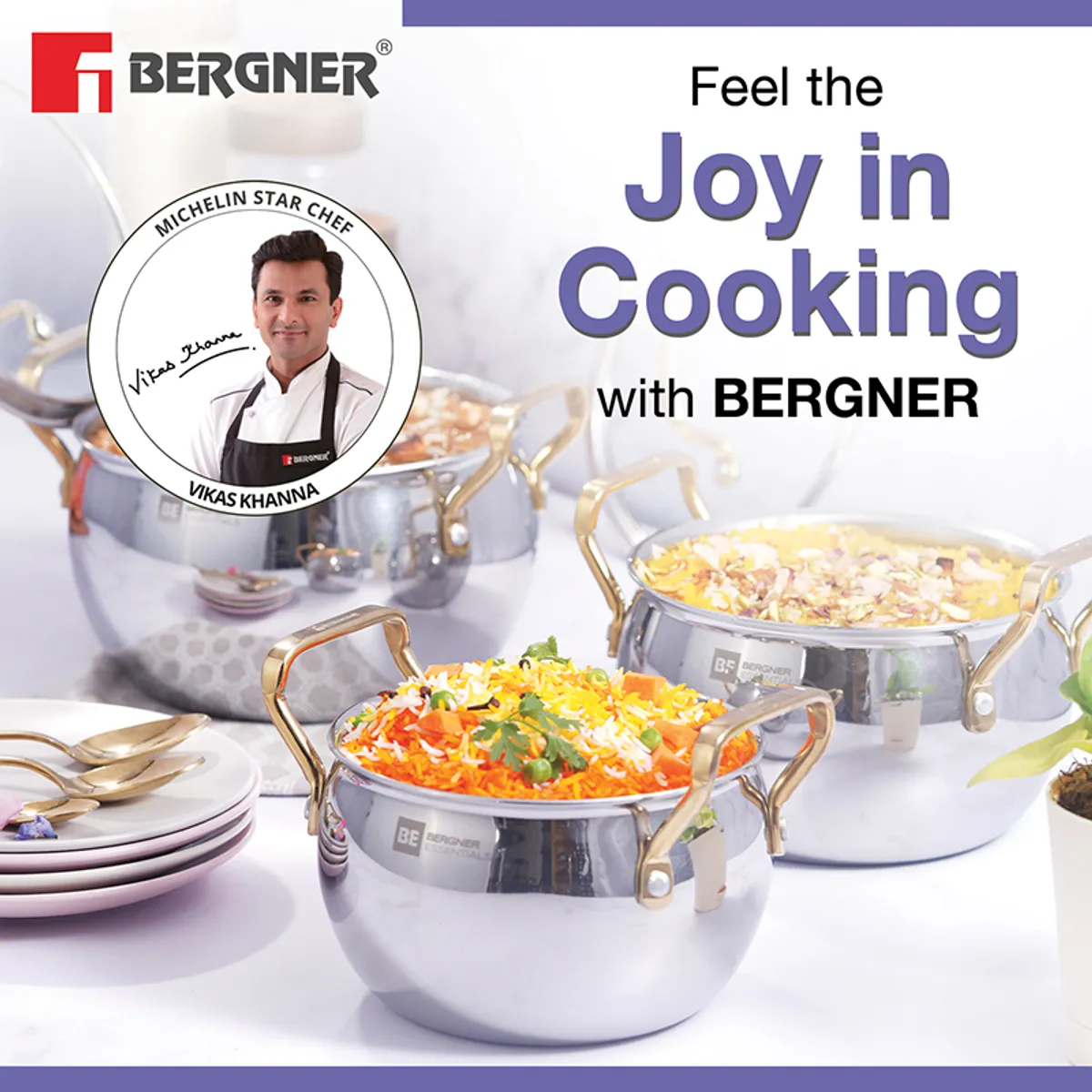 Bergner triply handi cookware displayed with prepared dishes