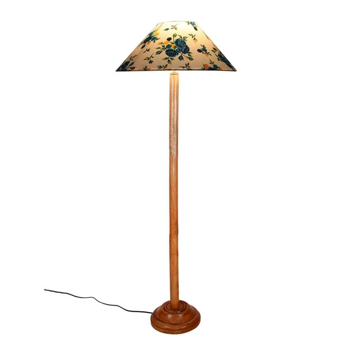 Front view of floor lamp with floral cotton shade and wooden base on white background