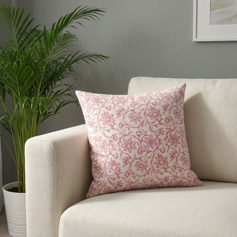 Floral Whim Printed Cotton Cushion Cover - White,Pink