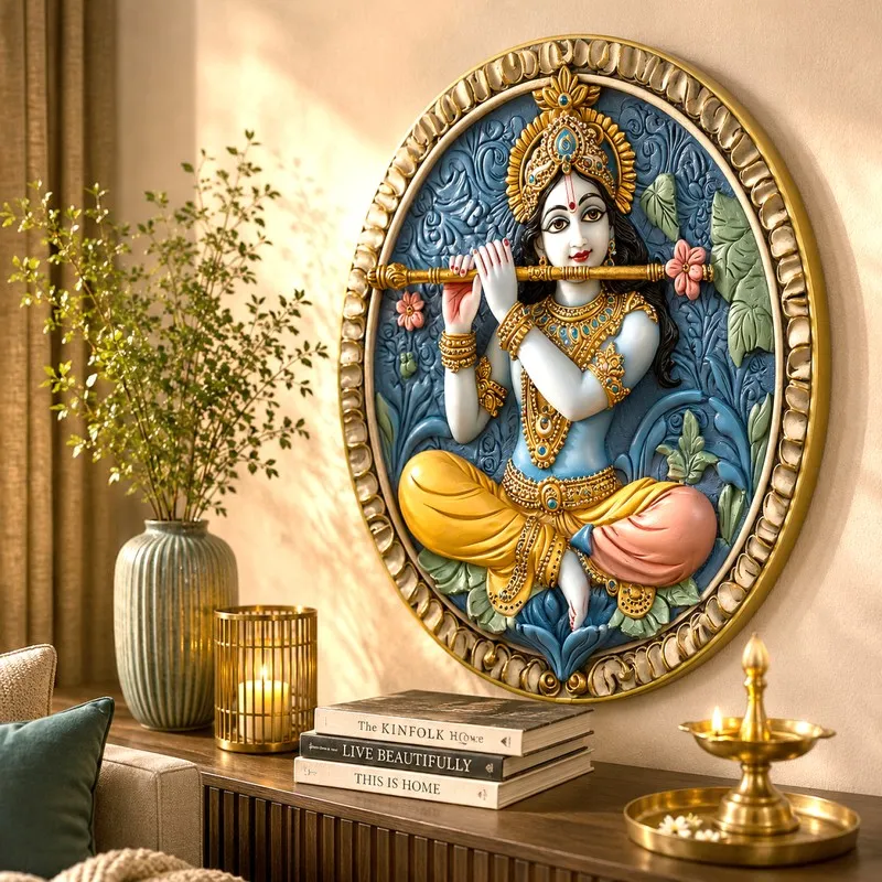 Close view of round Krishna wall art with blue background and gold border