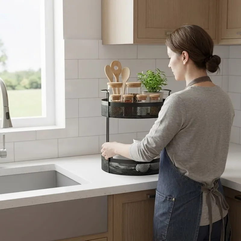 Black two-tier organiser being placed on a kitchen counter