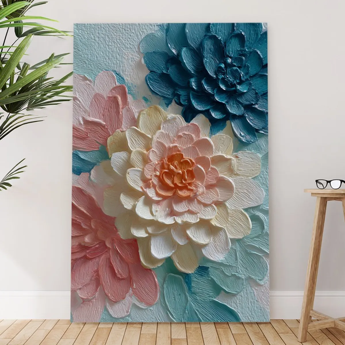 Large floral canvas painting displayed on a light wall beside a plant