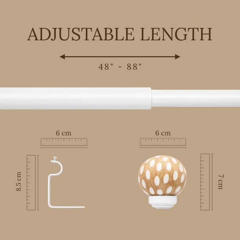 Curtain rod components shown with a round finial and mounting bracket