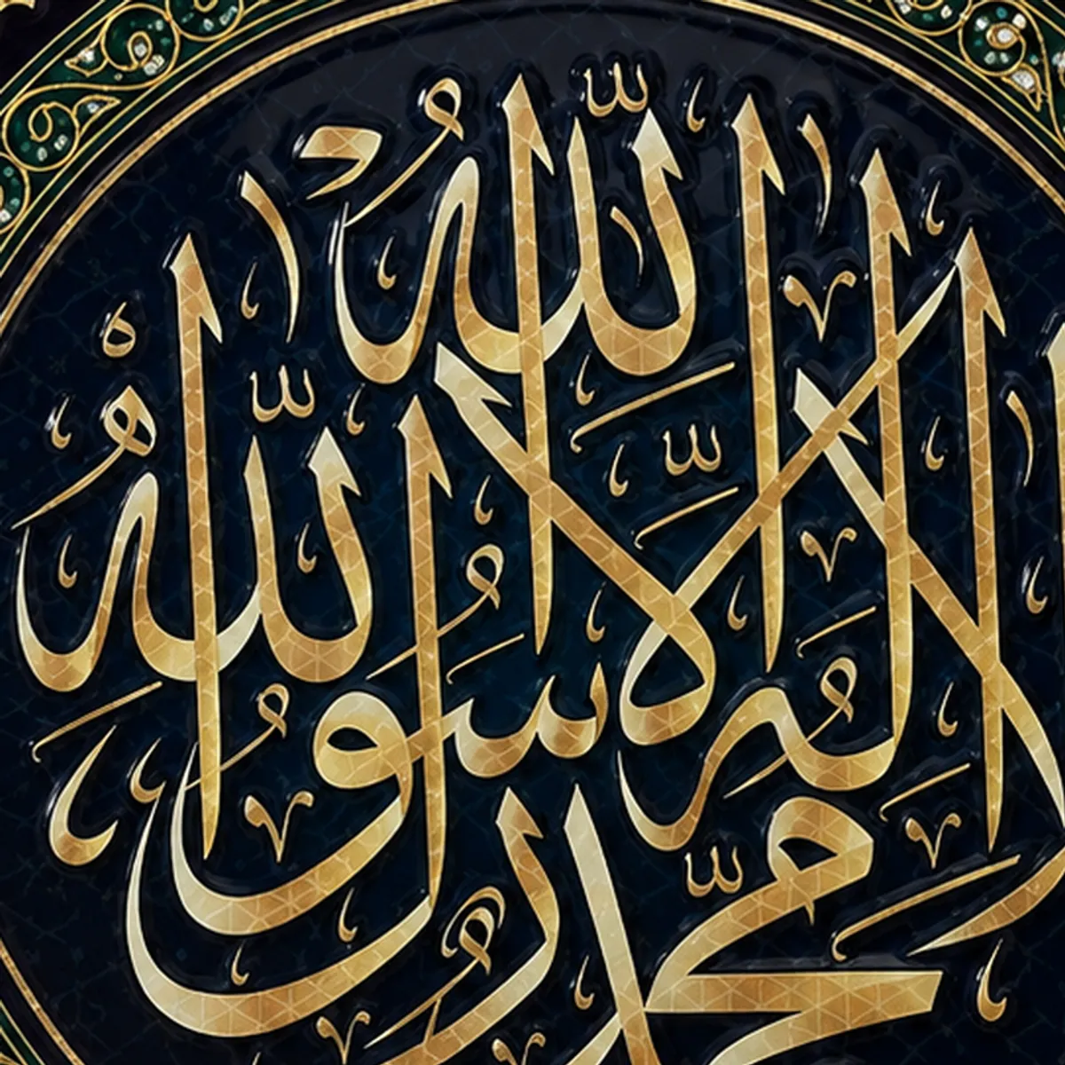 Detailed close-up of gold Arabic calligraphy on a glossy black background