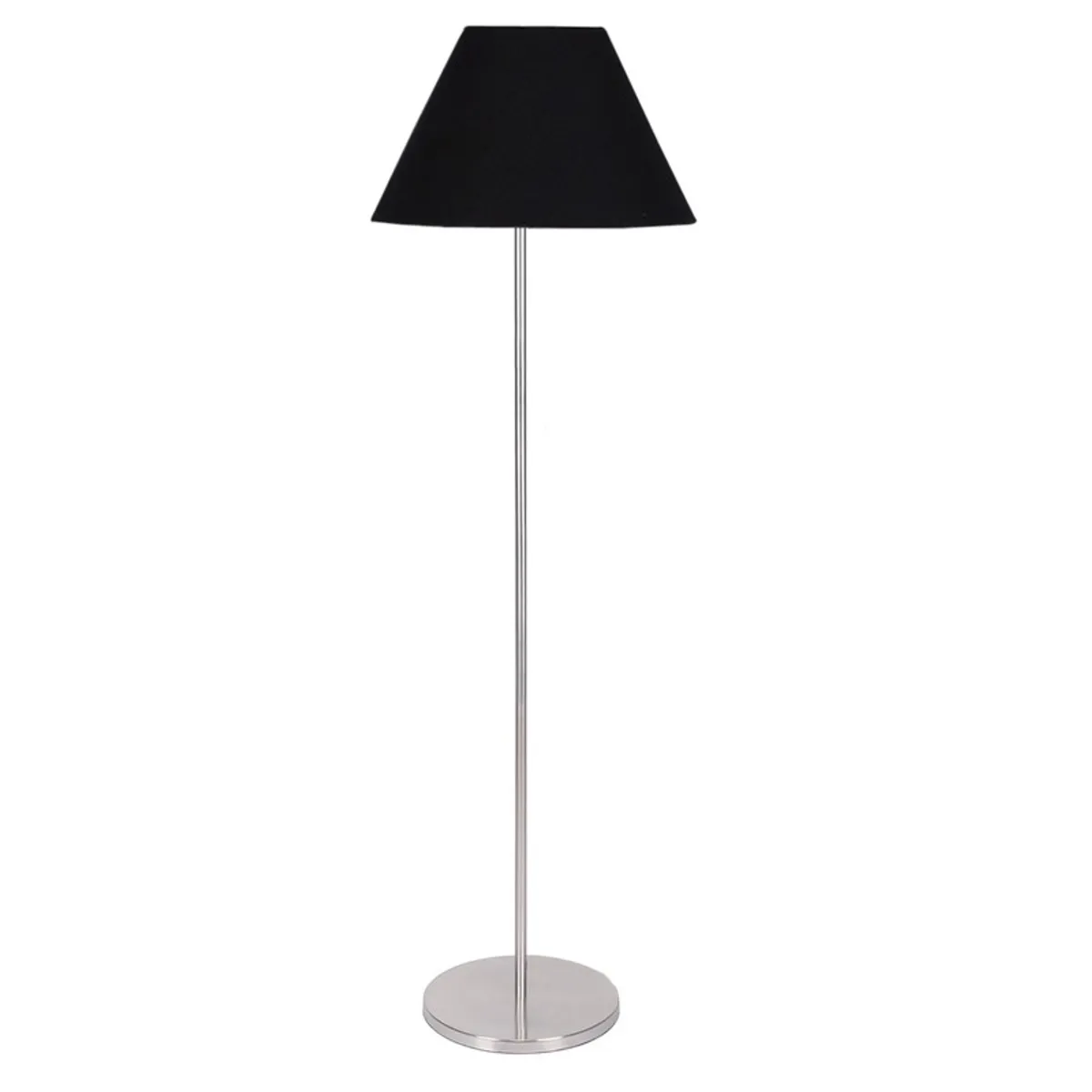 Black floor lamp with conical shade on a white background